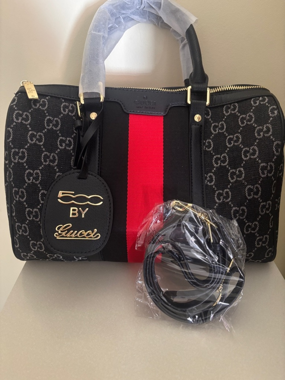 Inspired )) Black GG Supreme Canvas Duffel Bag with Red Center Stripe